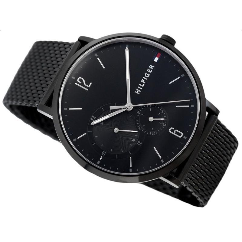 Tommy Hilfiger black mesh watch with minimalist dial and subdial detail
