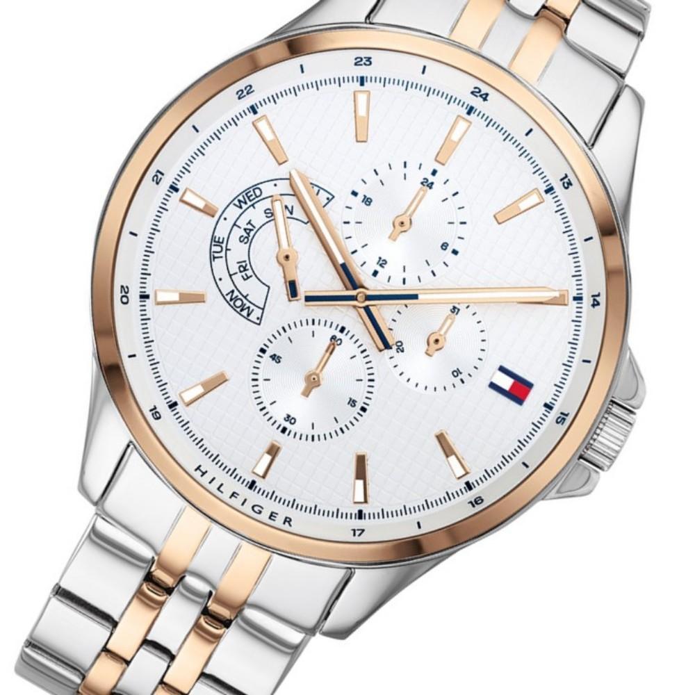 Two-tone Tommy Hilfiger watch 1791617 showing chronograph subdials and mixed metal bracelet