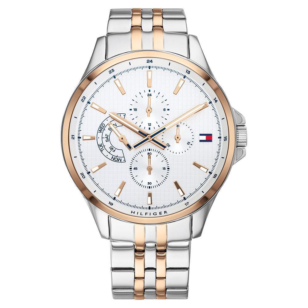 Tommy Hilfiger 1791617 two-tone multi-function watch with white dial and rose gold hour markers