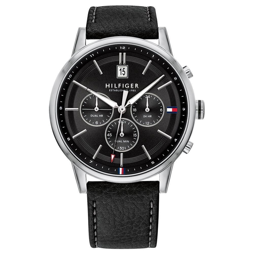 Tommy Hilfiger multi-function watch with black dial, three chronograph subdials, and black leather strap