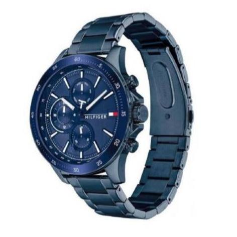 Tommy Hilfiger 1791720 watch shown from side angle with blue steel bracelet visible