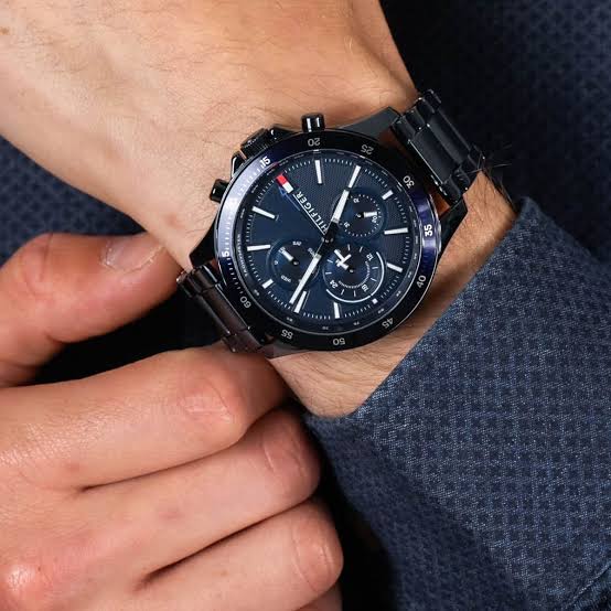 Tommy Hilfiger 1791720 chronograph watch worn on wrist showing dial and bracelet