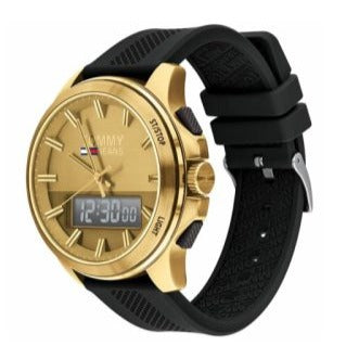 Tommy Hilfiger dual time watch angled view showing gold case and digital subdial