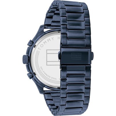 Tommy Hilfiger men's watch caseback showing metal bracelet and engraved details