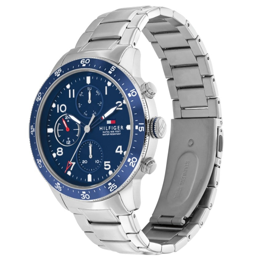 Tommy Hilfiger 1791949 watch angled view showing blue dial and metal bracelet