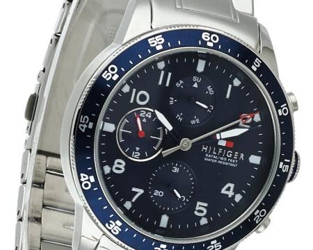 Close-up detail of Tommy Hilfiger 1791949 blue dial with chronograph subdials
