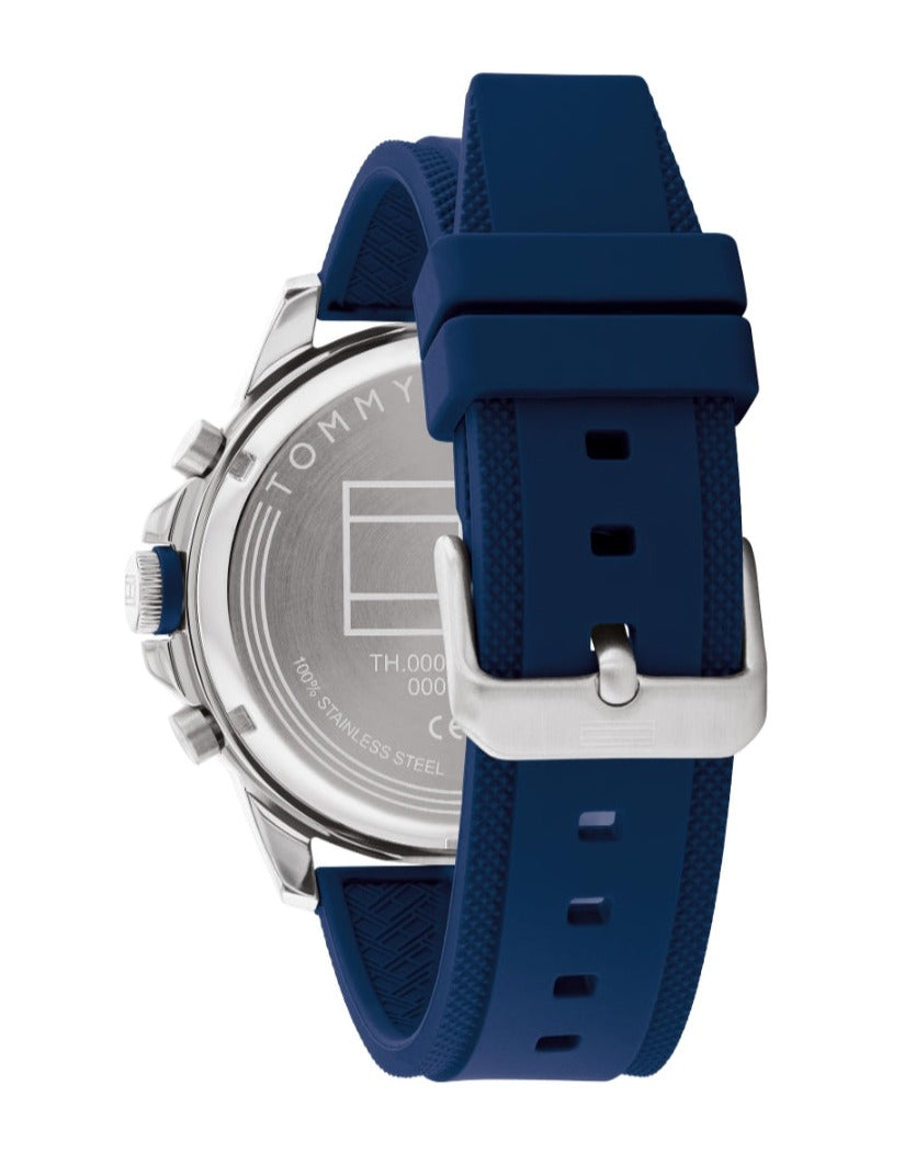 Back view showing Tommy Hilfiger case back with blue silicone strap and buckle