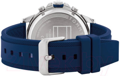 Tommy Hilfiger chronograph watch strap detail showing blue silicone band with buckle closure