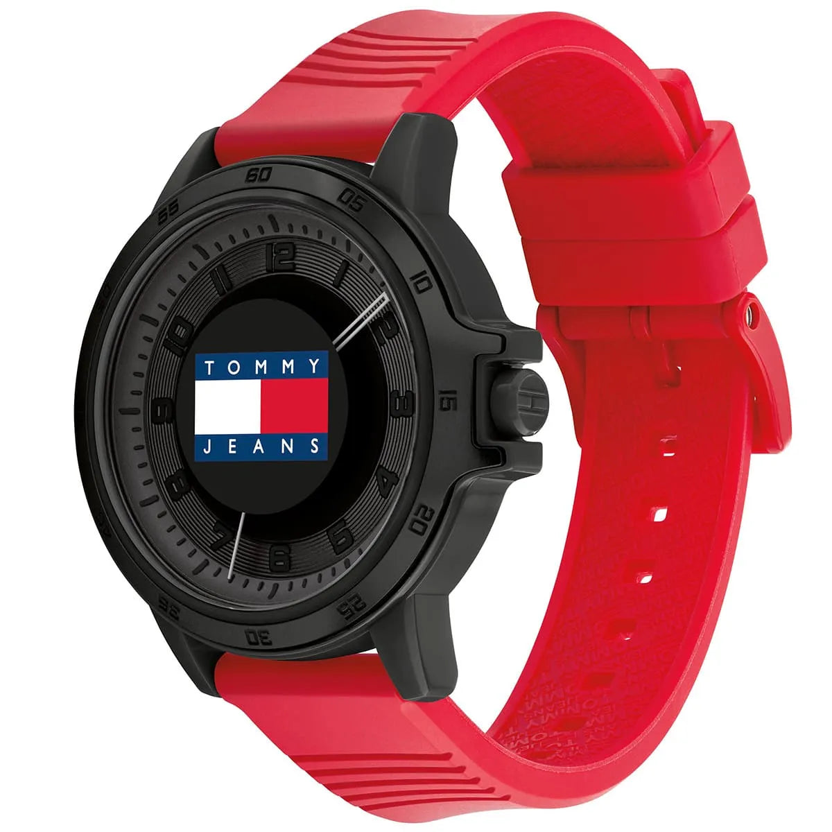 Side angle view of Tommy Hilfiger watch showing black case, red rubber band, and dial detail