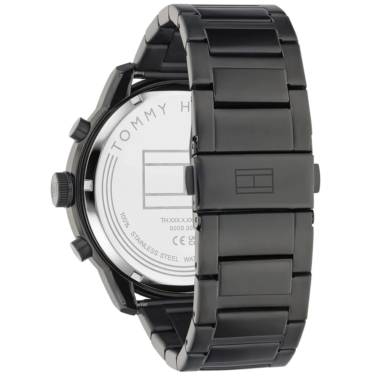 Tommy Hilfiger TH Bold watch caseback showing stainless steel bracelet strap detail