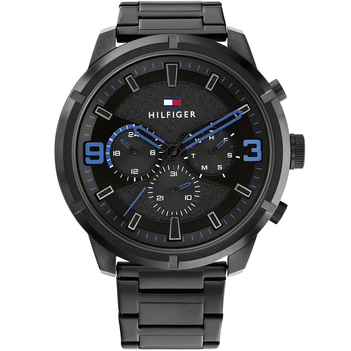 Tommy Hilfiger TH Bold black dial chronograph watch with blue hands and numerals