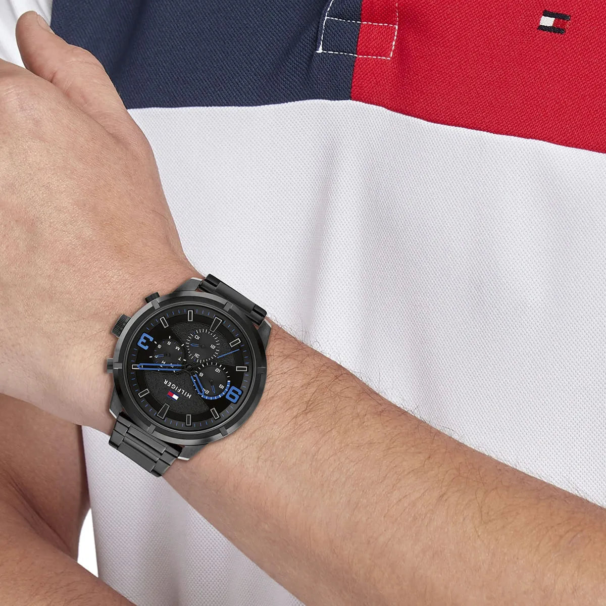 Tommy Hilfiger TH Bold watch worn on wrist with blue hands visible