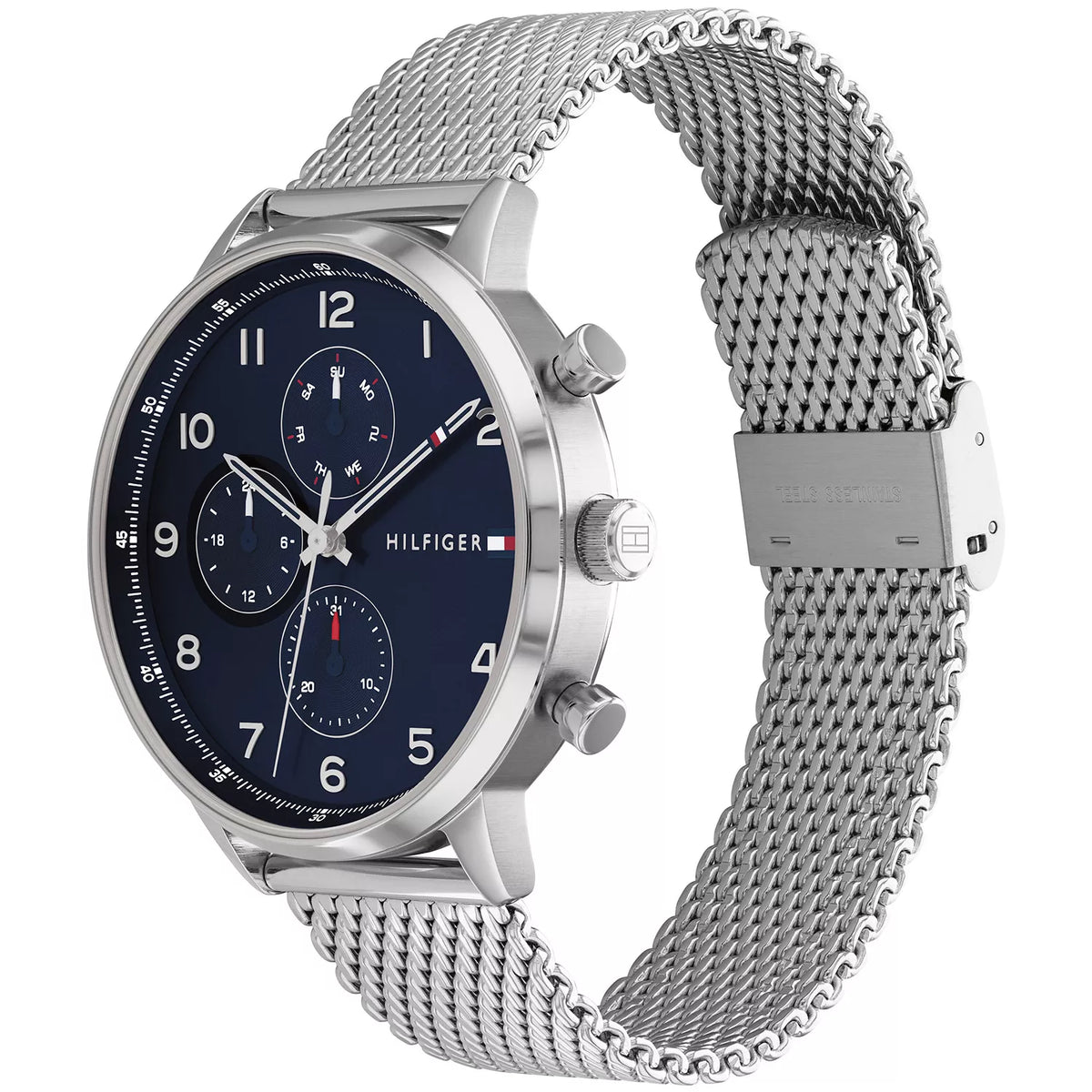Tommy Hilfiger 1792078 chronograph watch with three subdials shown at angle with mesh strap
