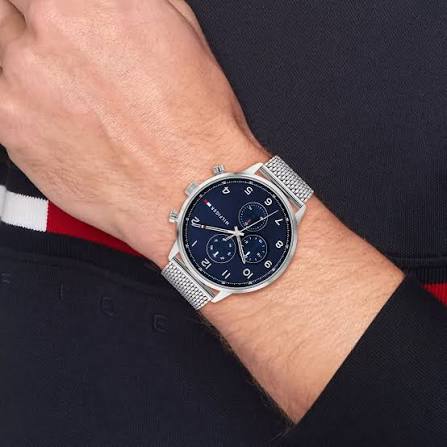 Tommy Hilfiger 1792078 chronograph watch worn on wrist with mesh strap