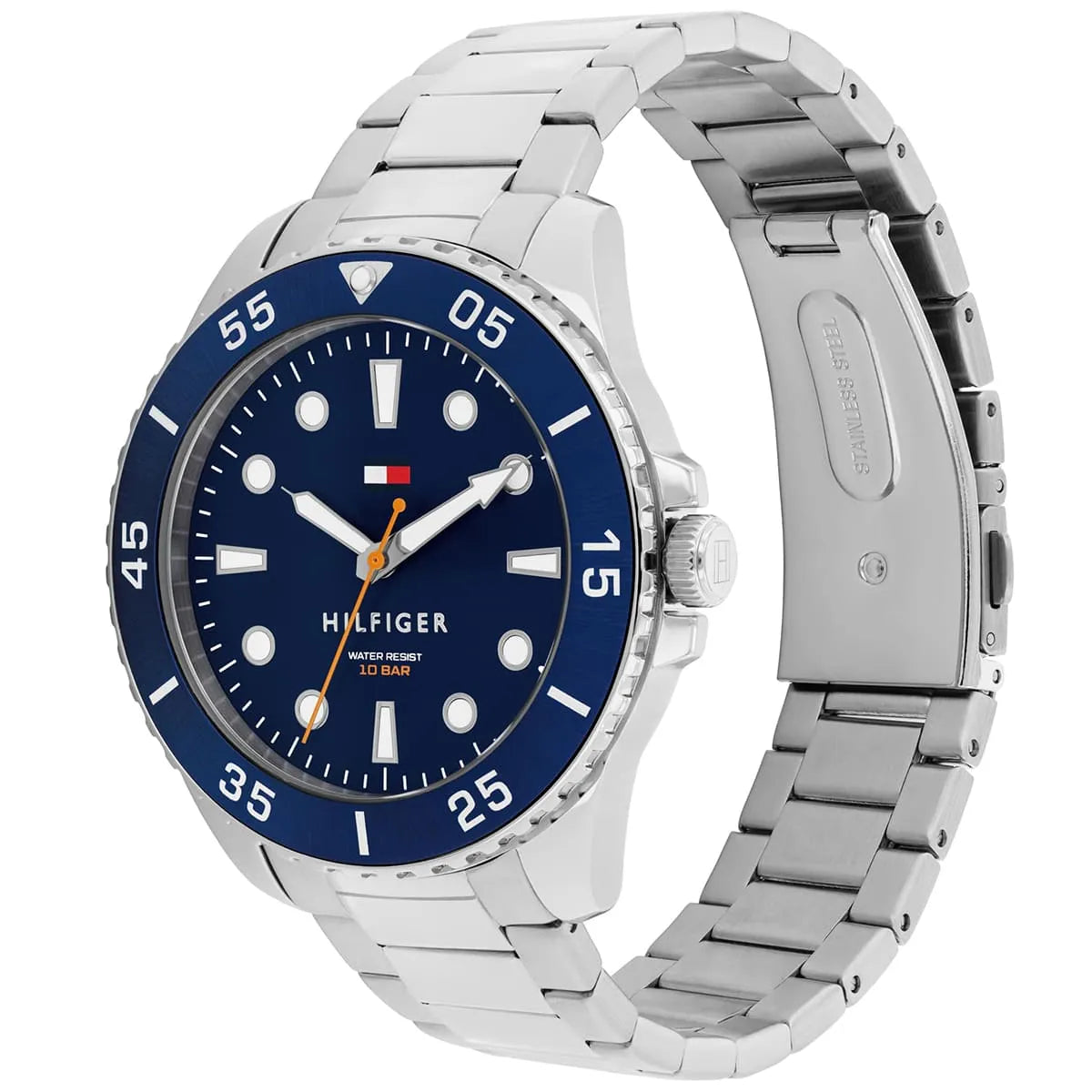 Tommy Hilfiger Oceanic watch shown at angle displaying blue dial and stainless steel bracelet