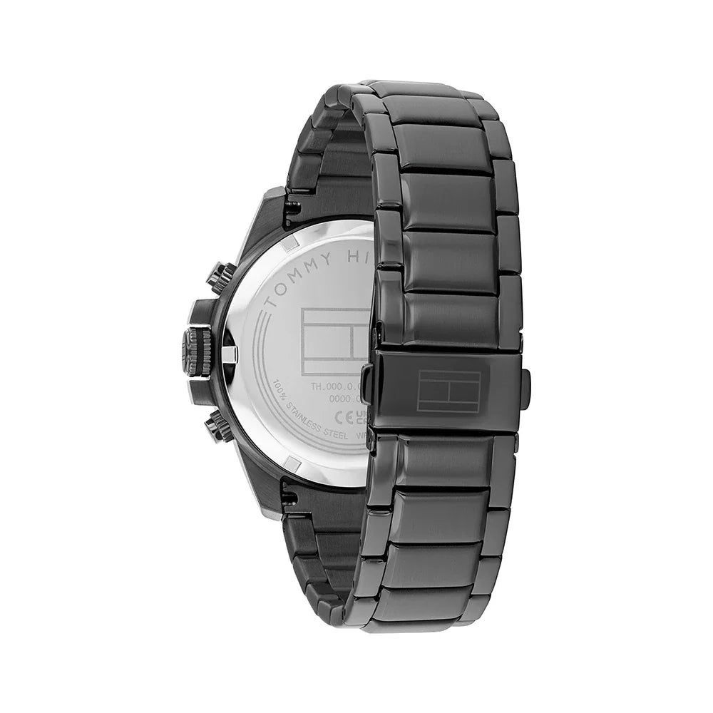 Back of Tommy Hilfiger JAMESON watch showing caseback with brand logo and specifications