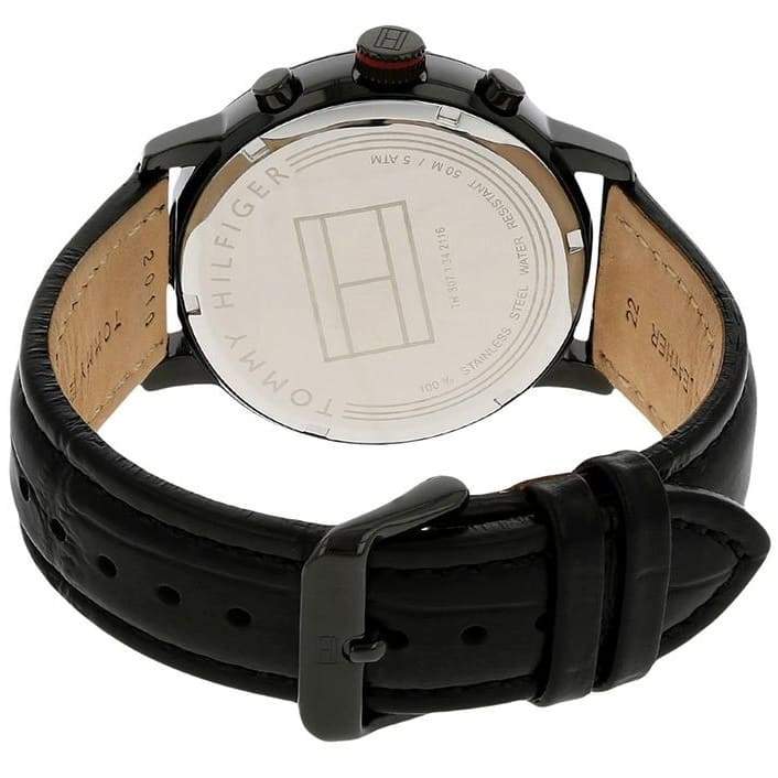 Tommy Hilfiger Alden caseback showing engraved Tommy Hilfiger branding and black leather strap