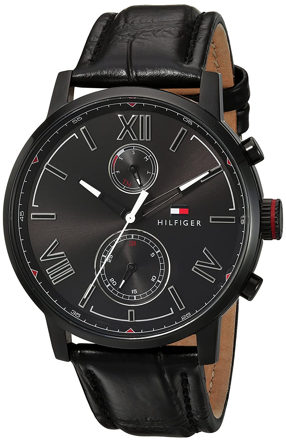 Tommy Hilfiger Alden black chronograph men's watch with Roman numeral dial and black leather strap