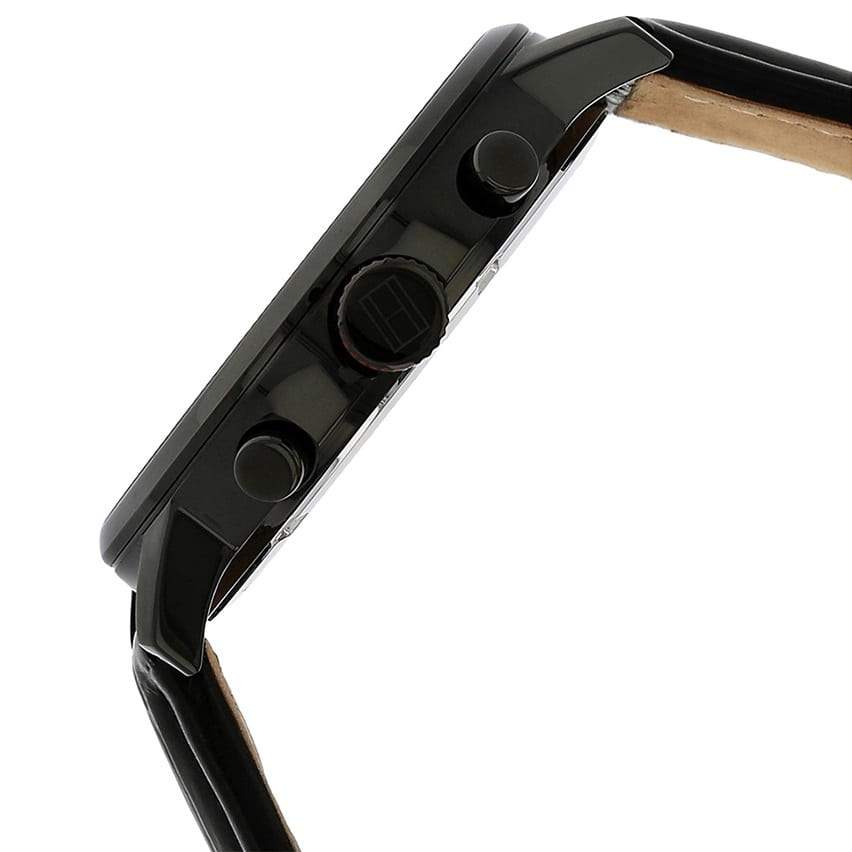 Side profile of Tommy Hilfiger Alden watch showing black case and chronograph pushers