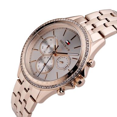 Tommy Hilfiger Ari rose gold chronograph watch shown at angle with rose gold bracelet strap