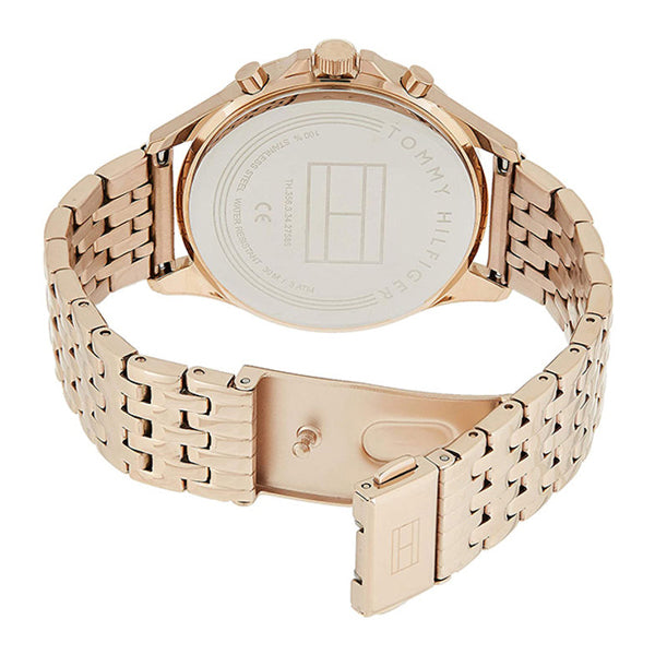 Tommy Hilfiger Ari women's watch caseback showing rose gold steel case and adjustment links
