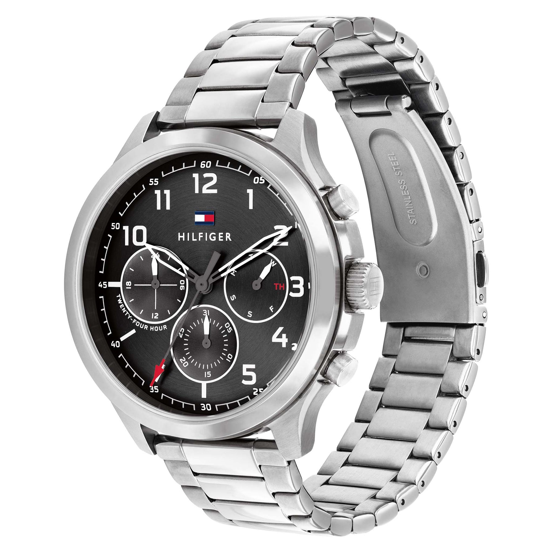 Tommy Hilfiger Asher watch shown at angle displaying dial and steel bracelet