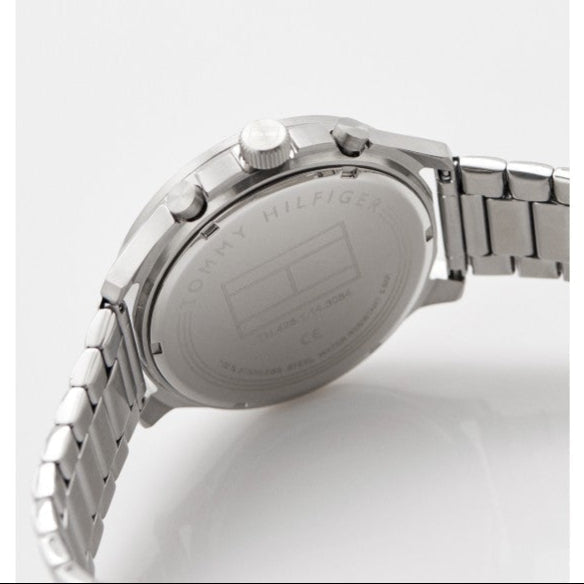 Caseback of Tommy Hilfiger Asher watch with engraved branding and steel construction