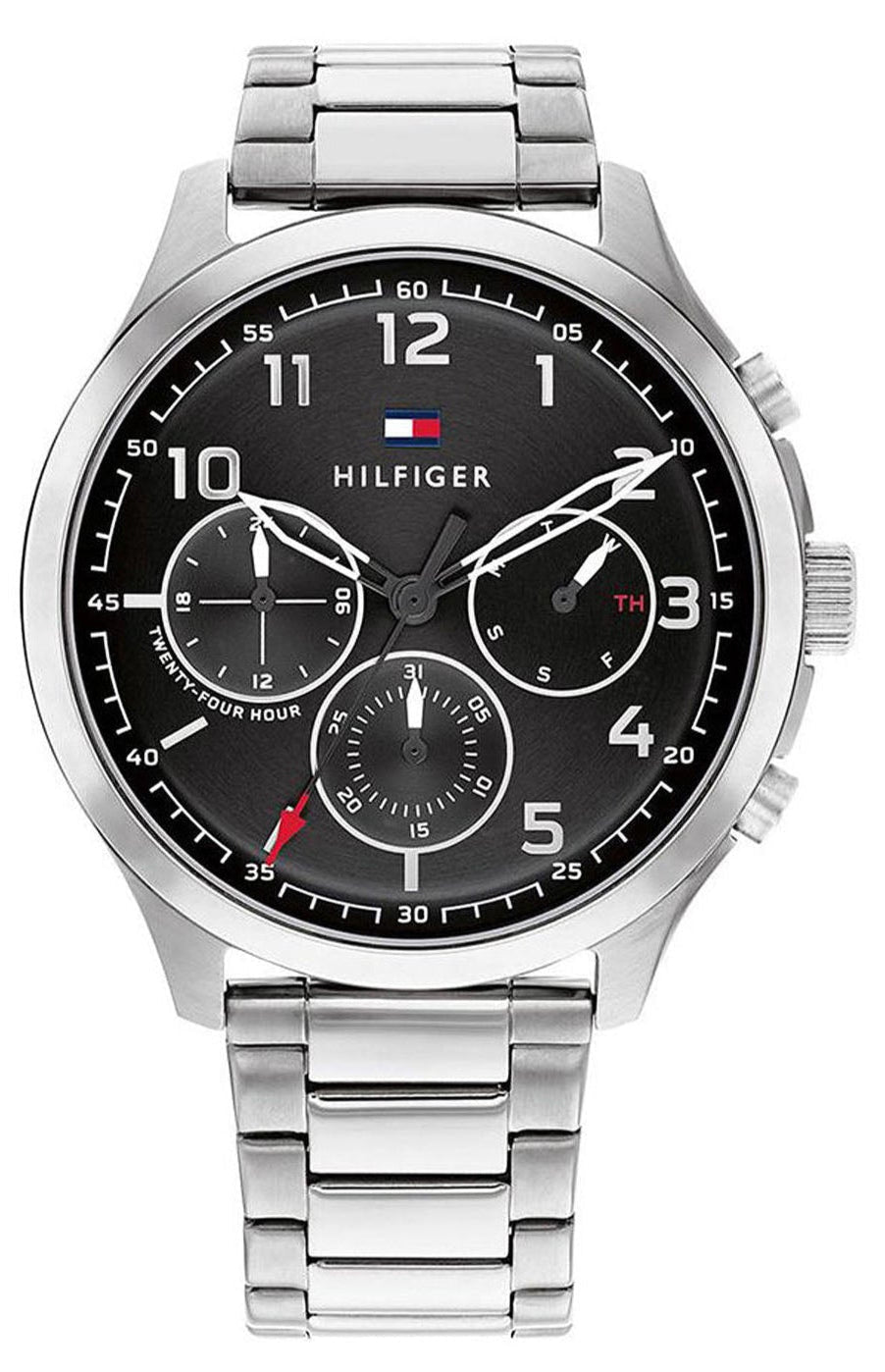 Tommy Hilfiger Asher chronograph watch with black dial and silver steel strap