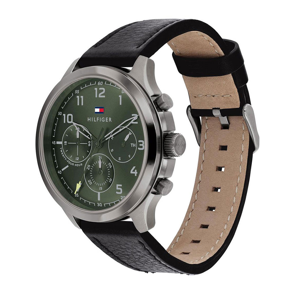 Tommy Hilfiger Asher watch angle view showing green dial and black leather strap