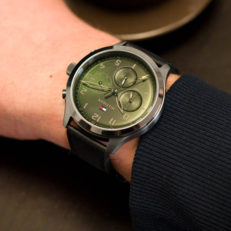 Tommy Hilfiger Asher green dial chronograph watch worn on wrist