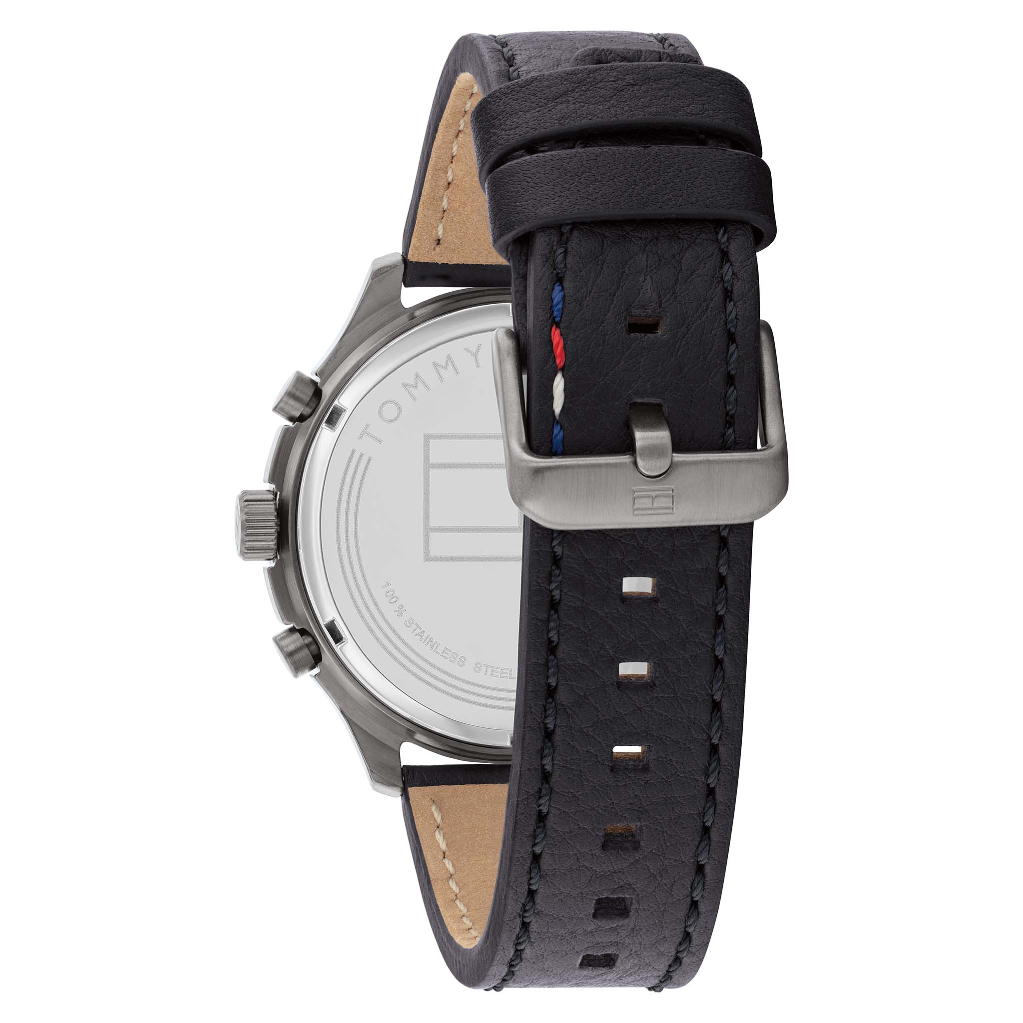 Tommy Hilfiger Asher watch strap detail showing black leather with buckle