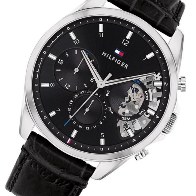 Tommy Hilfiger Baker chronograph on-wrist view showing black dial with visible movement and pushers