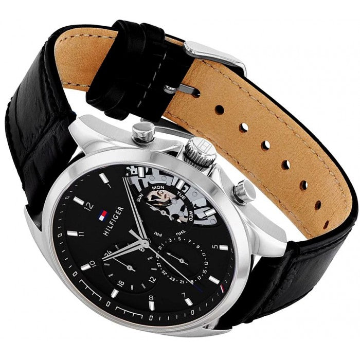Black leather strap and tan interior leather detail of Tommy Hilfiger Baker chronograph watch