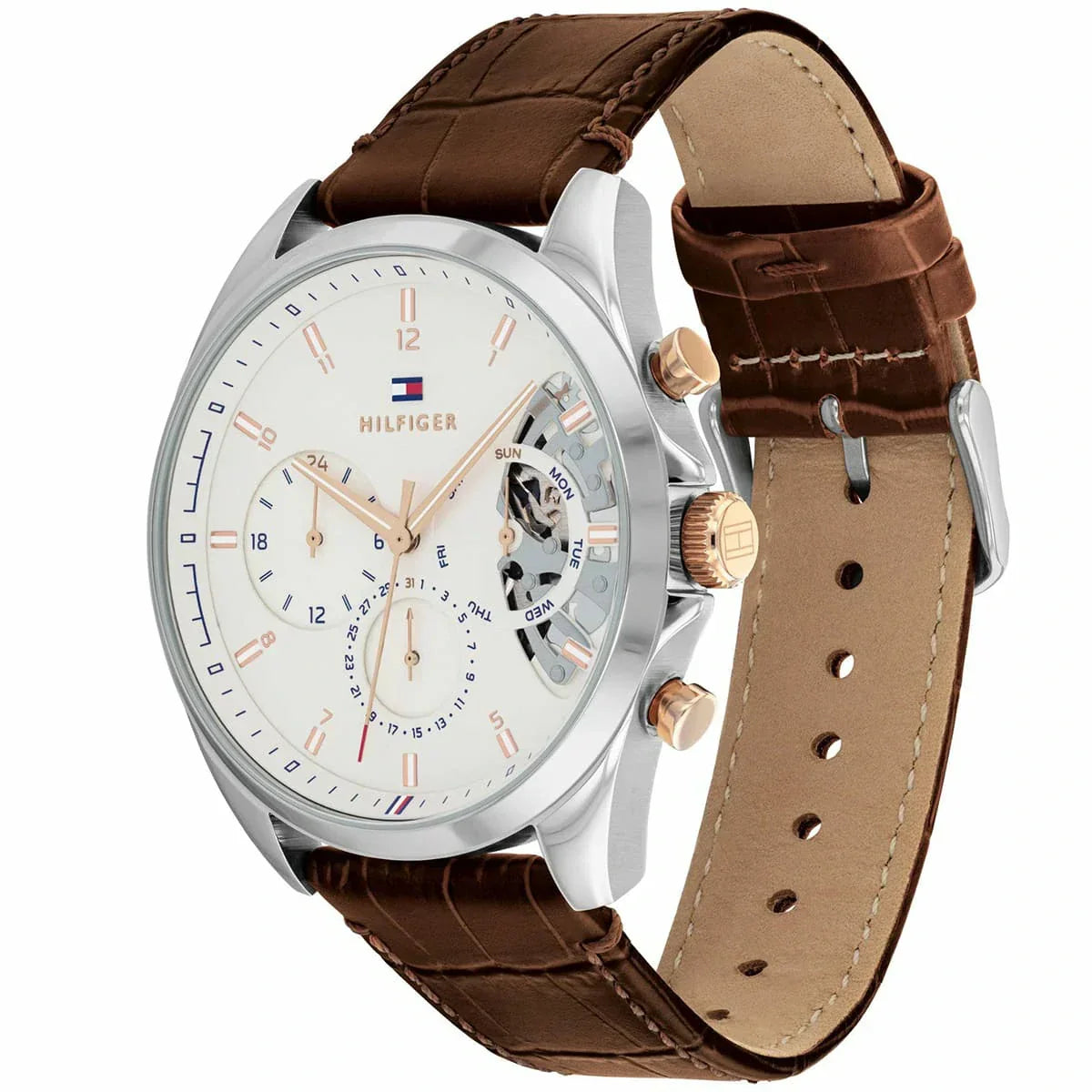 Angled view of Tommy Hilfiger Baker chronograph with brown crocodile-textured leather strap