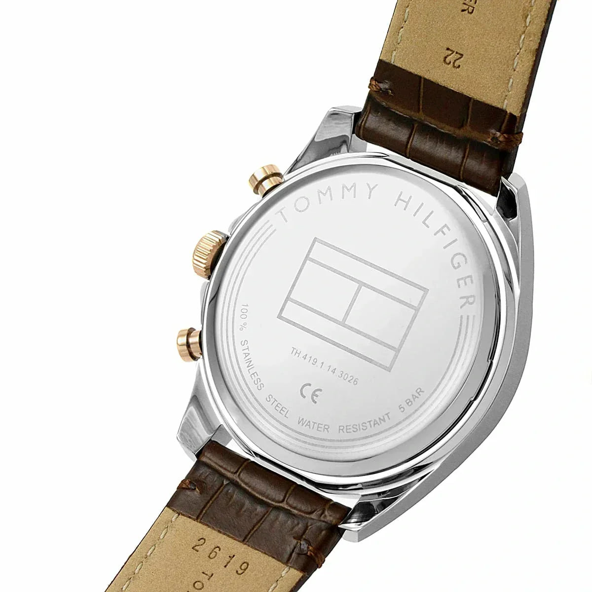 Tommy Hilfiger Baker caseback showing engraved branding and water resistant specifications