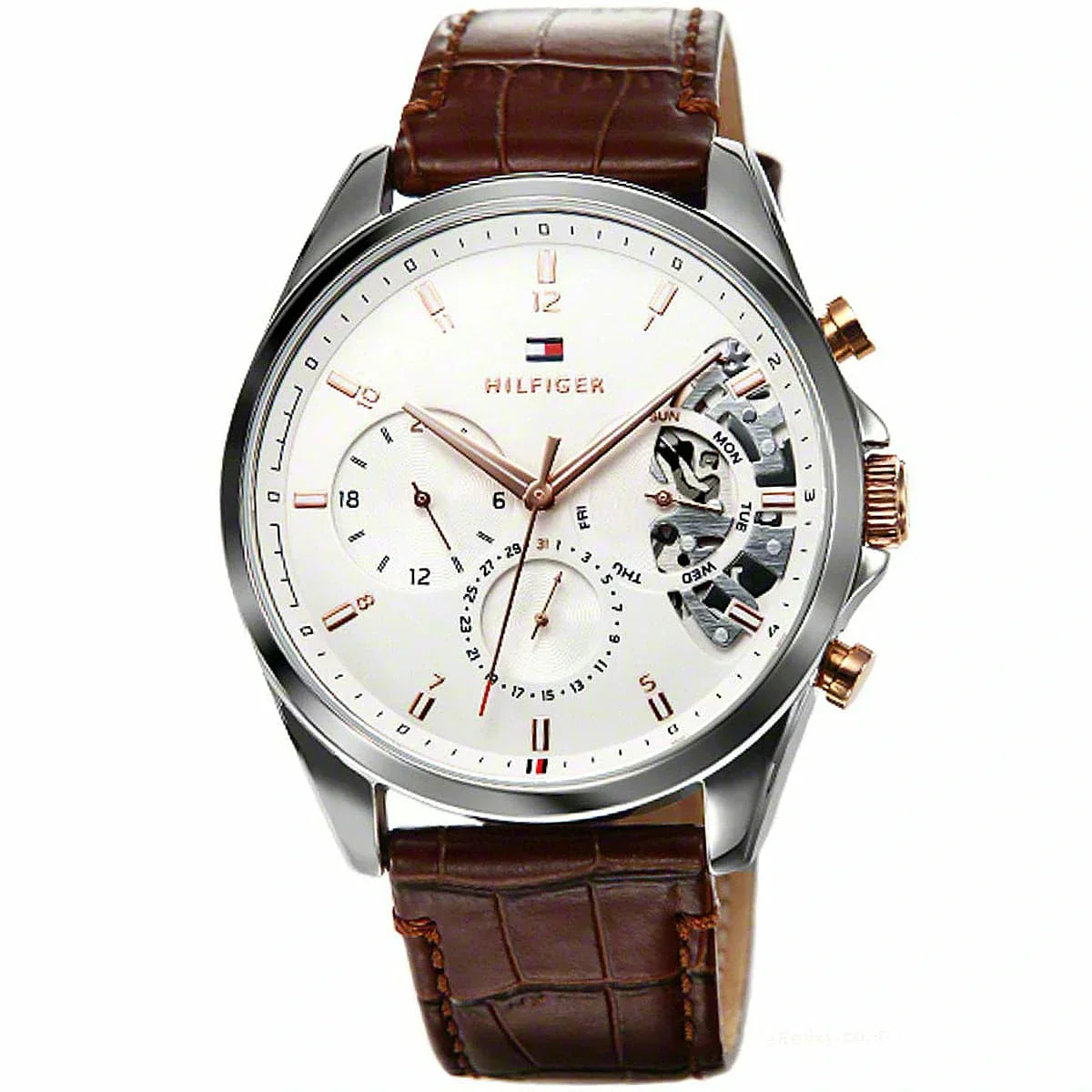Tommy Hilfiger Baker men's chronograph watch front view with white dial and date window