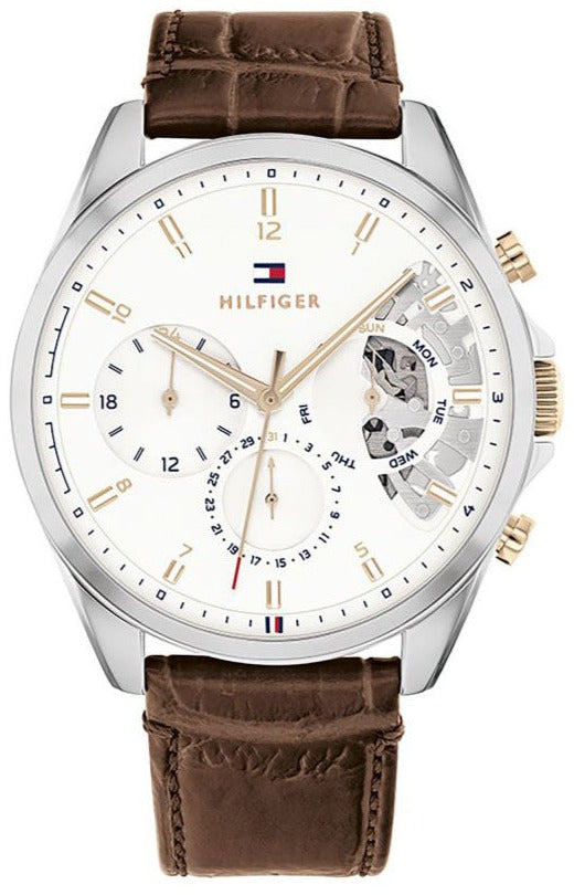 Tommy Hilfiger Baker chronograph watch with white dial and brown leather strap
