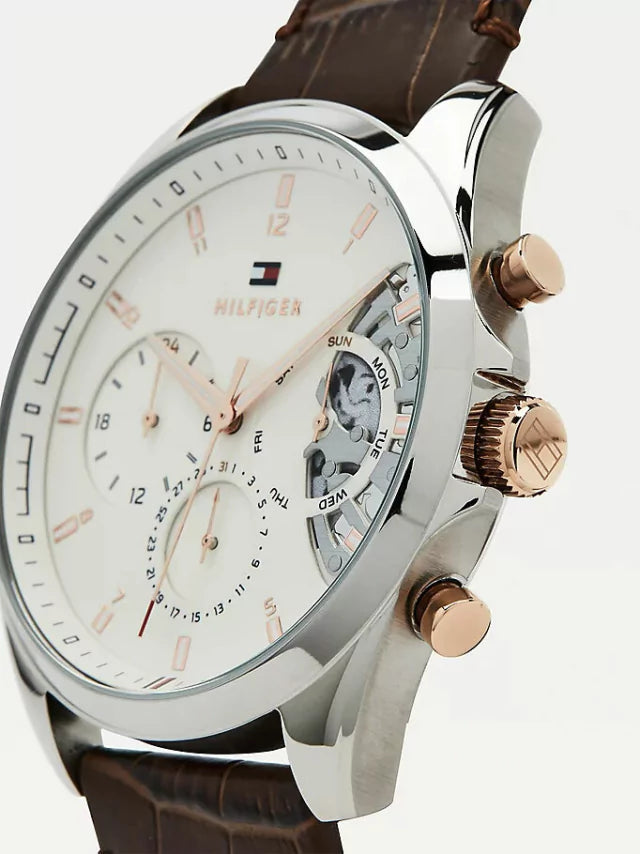 Side view of Tommy Hilfiger Baker chronograph showing case profile and crown details