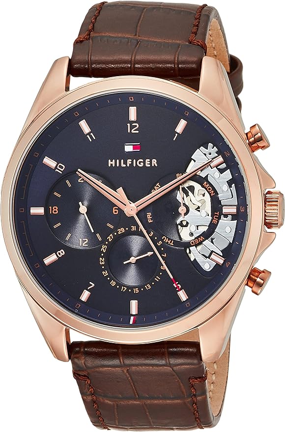 Tommy Hilfiger Baker chronograph watch angled view showing blue dial and rose gold case