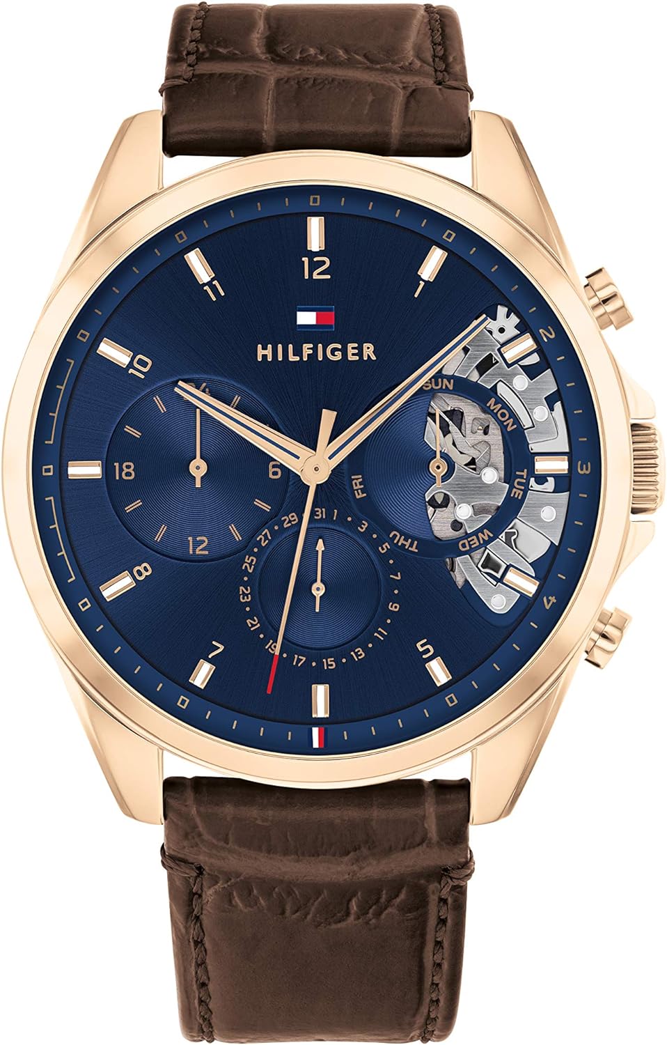 Tommy Hilfiger Baker chronograph watch with blue dial and brown leather strap
