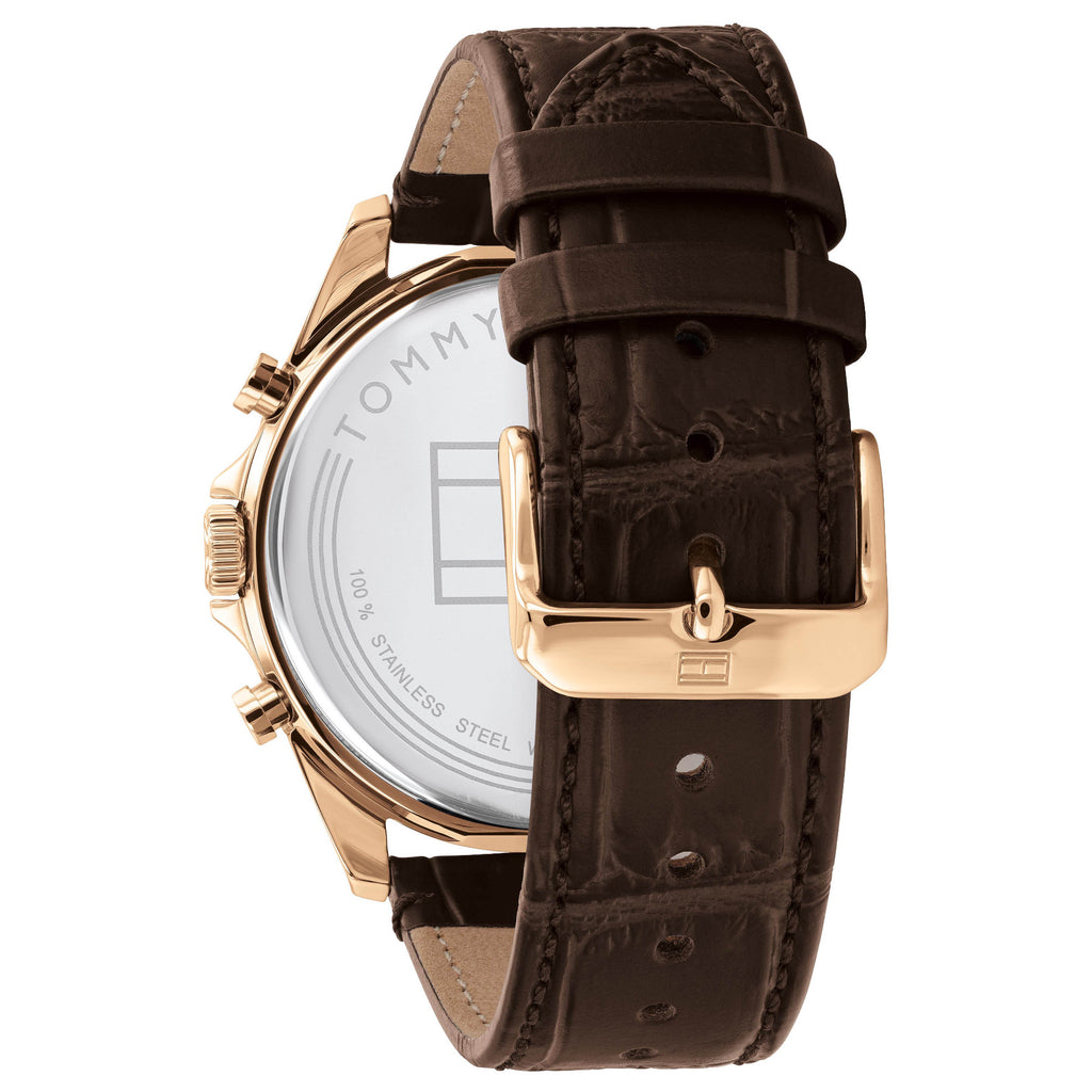 Tommy Hilfiger Baker watch strap detail showing crocodile-embossed brown leather