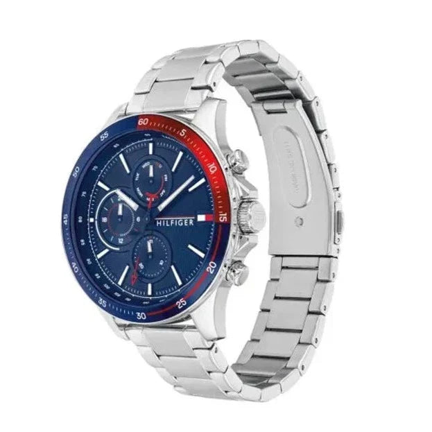 Tommy Hilfiger Bank chronograph watch shown at side angle with silver steel bracelet strap