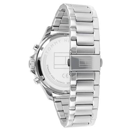 Caseback view of Tommy Hilfiger Bank chronograph watch showing engraved text and silver steel