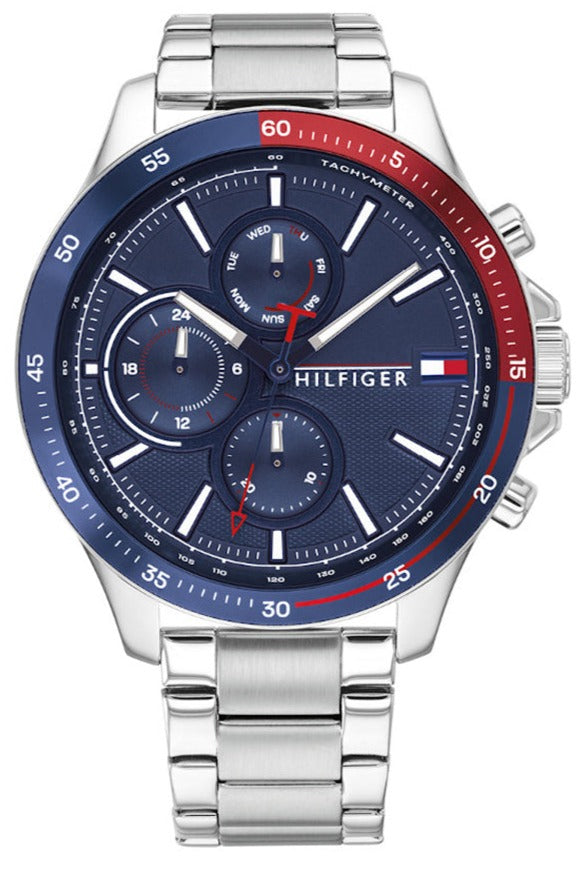 Tommy Hilfiger Bank chronograph watch with blue dial, red and blue bezel, silver steel case