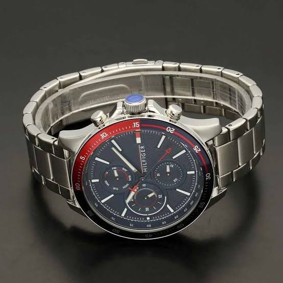Side view of Tommy Hilfiger Bank chronograph watch with silver steel bracelet and case