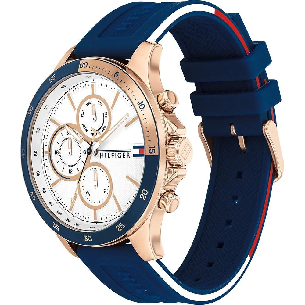 Tommy Hilfiger Bank chronograph watch side view showing blue rubber strap with red stripe detail
