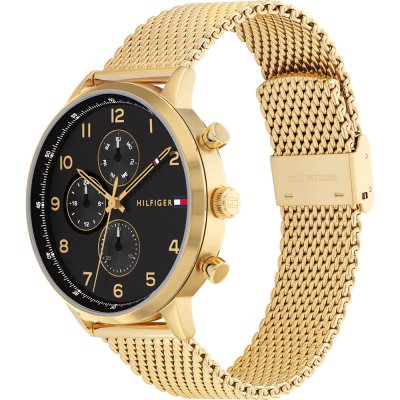 Tommy Hilfiger Bank 1791989 gold watch angled view showing case and mesh bracelet