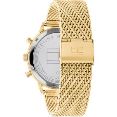Tommy Hilfiger Bank 1791989 case back showing gold mesh bracelet and clasp
