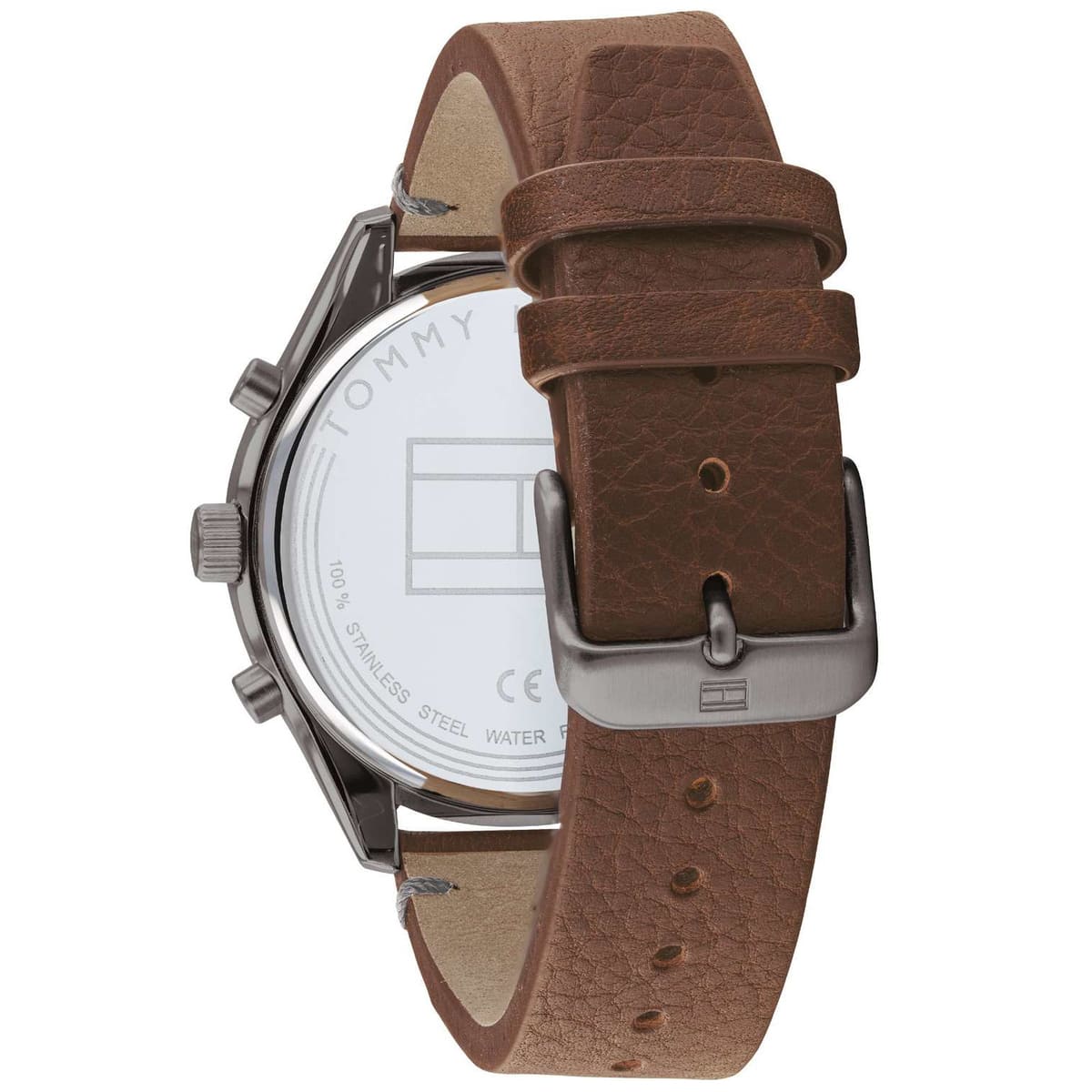 Tommy Hilfiger Bennett watch caseback with steel and leather strap detail