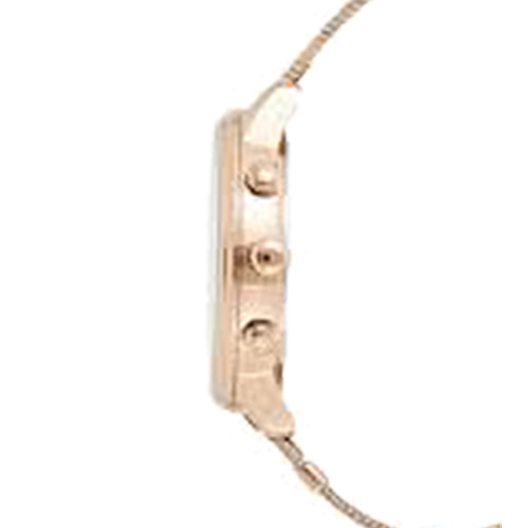 Side view of Tommy Hilfiger Blake watch showing chronograph pushers on rose gold case